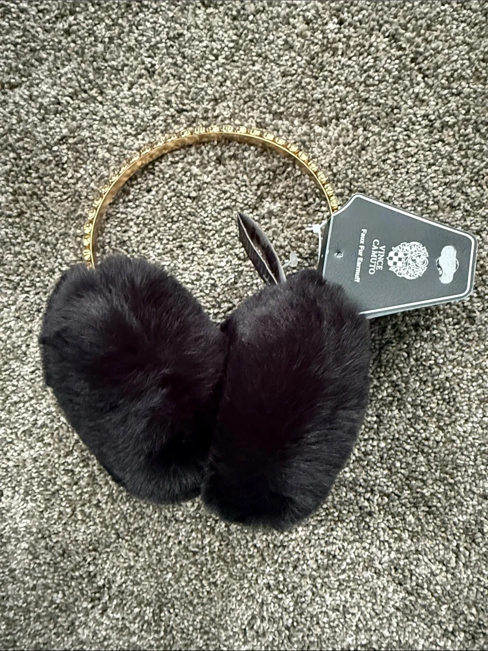 Vince Camuto Gold Crystal Headband with Black Faux Fur Earmuffs